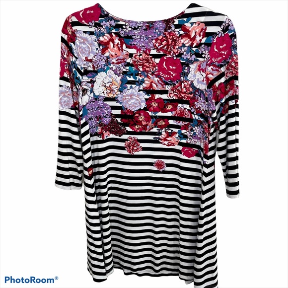 Soma Black White Stripe Floral Lounge Top S - Picture 2 of 4